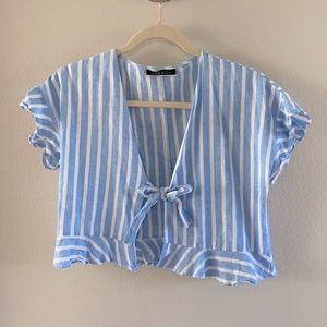 Blue Striped Linen Crop Top